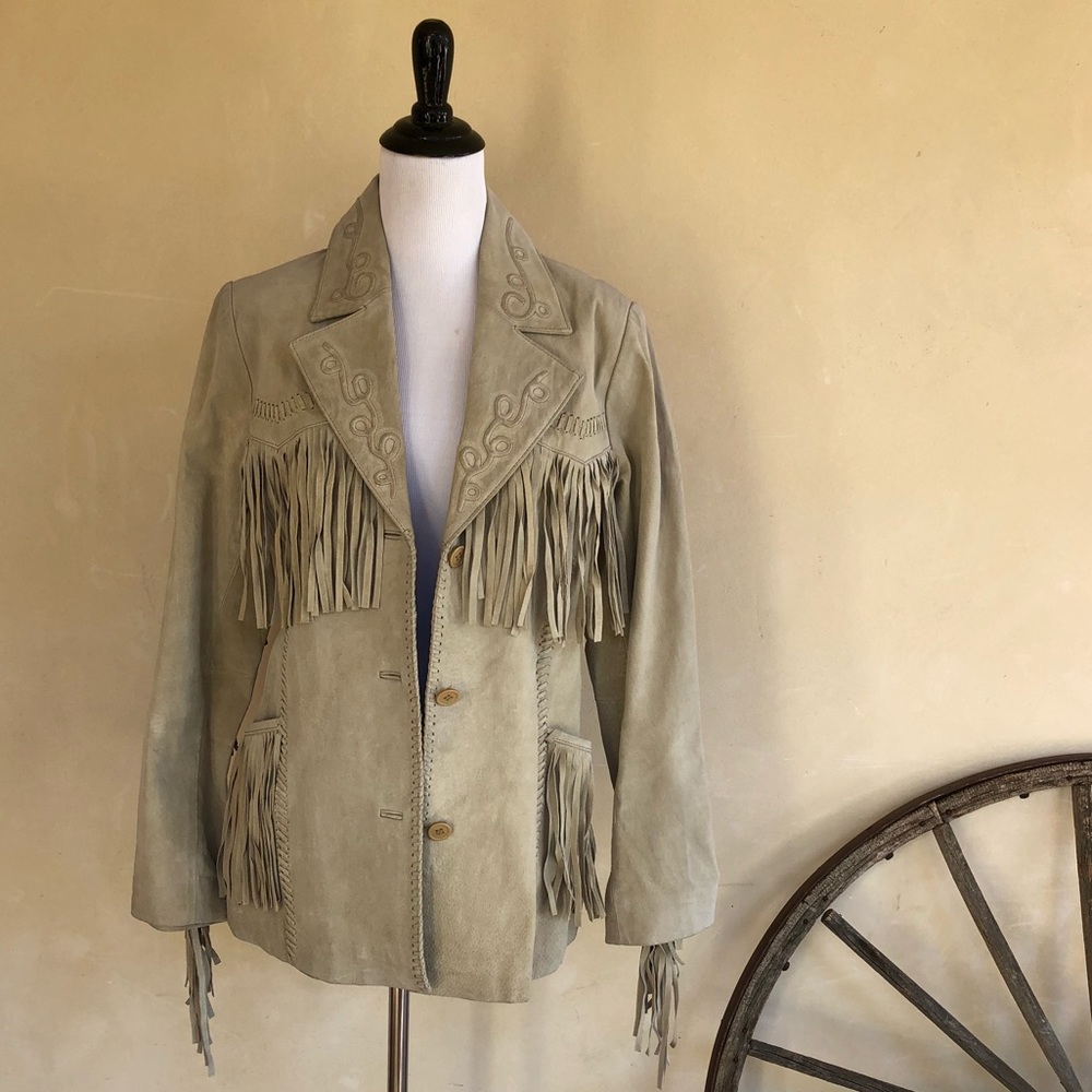 B LUCID Neutral Tan Suede Leather Fringed Western Southwestern Jacket Sz L Rare!